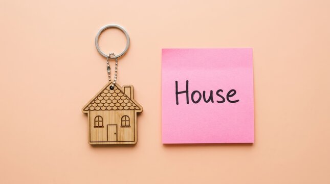 Wooden house keychain and pink sticky note with handwritten text resting on a light background surface