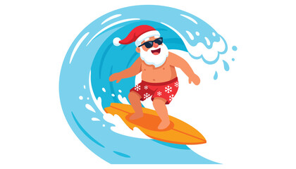 Naklejka premium A cool santa claus wearing sunglasses and swimming trunks surfing on a big blue ocean wave during summer holidays vacation
