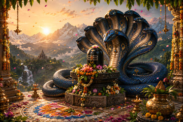 Naklejka premium Grand blue multiheaded cobra protects flower adorned Shiva lingam at sunrise, overlooking Himalayan mountains, waterfalls, temple valley, oil lamps, and richly decorated ceremonial terrace setting
