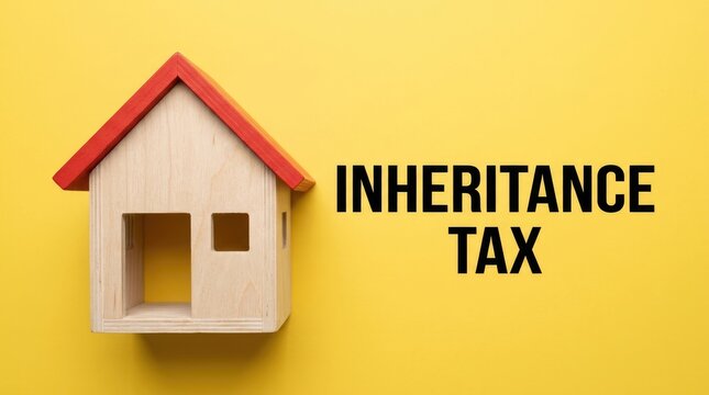 Wooden house model placed next to black text regarding inheritance tax on bright yellow background
