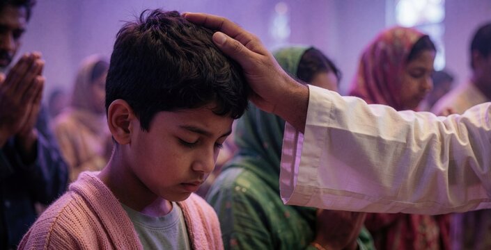 Young boy prays with eyes closed. Adult hand rests on his head in church blessing. People in background join in worship. Solemn spiritual moment shared.