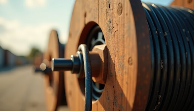 Industrial cable reels on outdoor construction site with detailed view of wooden spools and cables. Industrial setting features wooden reels intricately designed for efficient cable management.