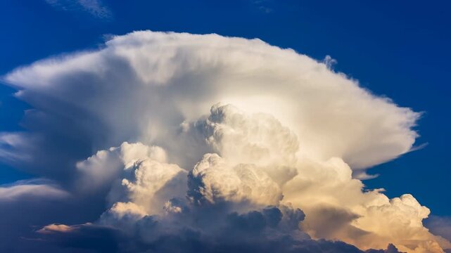 Massive cumulonimbus cloud with widening anvil canopy against deep blue sky, showing towering vertical growth, lateral spreading, glowing edges, dense textured layers