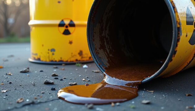 Spilled hazardous liquid from yellow barrel with radiation symbol on pavement. Environmental contamination scene with yellow barrels spilling toxic substance on ground.