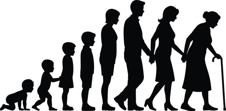 Conceptual illustration showing the human life cycle from infancy to old age in a black silhouette