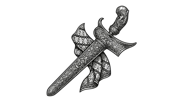 Traditional Indonesian keris dagger with batik wrap engraving.
