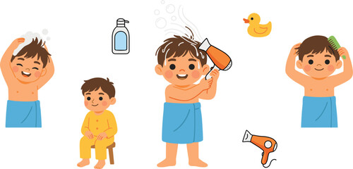 Cute Little Boy Bath Time and Hair Care Routine Vector Set with Shampoo, Towel, Hairdryer, Comb, and Pajamas Illustrations