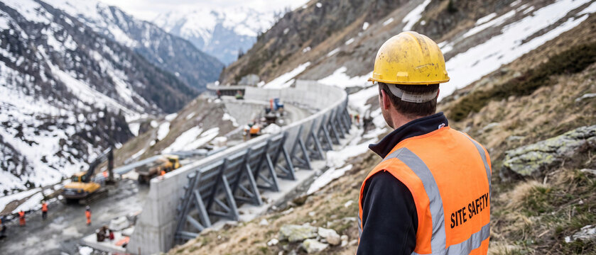 Construction worker wearing a hard hat and highvisibility vest overlooking a mountain road infrastructure project