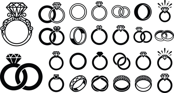 Diamond engagement and wedding ring outline icon collection with elegant jewelry vector setDiamond engagement and wedding ring outline icon collection with elegant jewelry vector set