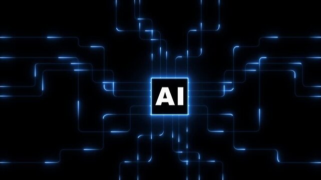 Digital Data moving on ai Circuit Board and CPU loop backgrounds. neon abstract futuristic tech with circuit board lines.Motion graphics of concept