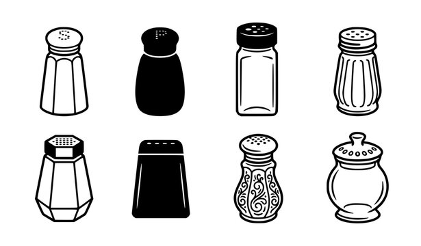 Salt and Pepper Shaker Vector Icon Collection with Letter Marking Ornate Pattern and Ceramic Jar Illustration