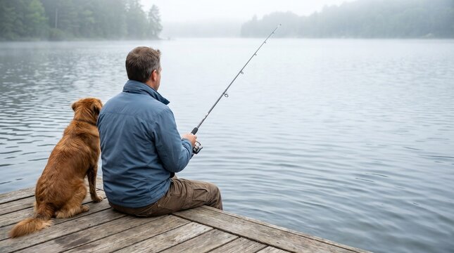 Man fishing on a dock with dog beside him in a misty lake  