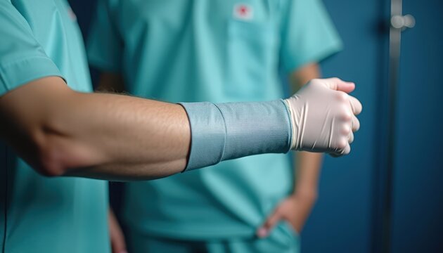 Medical professionals assisting with a hand in a bandage, showing care in clinic environment. Medical attention focuses on the patient&rsquo;s arm wrapped carefully.