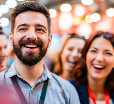 Businesspeople laugh together at a trade show, capturing a warm first impression, relaxed mood, and natural human connection.
