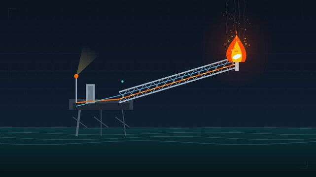 Vector animation of an industrial offshore oil platform flaring gas at night over the ocean