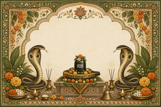 Traditional folk art shrine featuring twin cobras beside decorated Shiva lingam, incense holders, brass lamps, floral offerings, leafy borders, and generous central copy space design