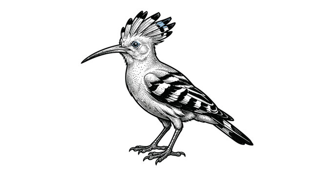 Detailed engraving of a crested hoopoe bird profile.