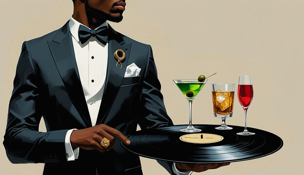 A man wearing a tuxedo carries a tray of drinks, contributing to the ambiance of a formal gathering.