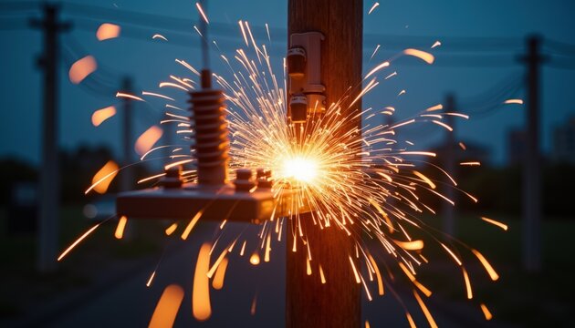 Spark from electrical equipment igniting bright explosion at dusk. Electrical equipment generates bright spark with flying particles during evening hours.