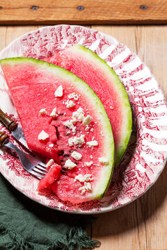 A Moldavian and Romanian appetizer made with watermelon and sheep's cheese.