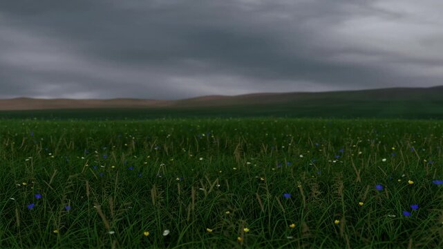 Grassy field under stormy, dark clouds. Looped animation