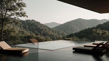 Obraz premium Modern infinity pool sits on luxurious resort terrace. Lounge chairs face hazy forested mountains. Glass barriers overlook green hills and tranquil water.