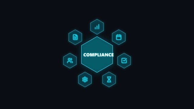 Grid of glowing icons representing business compliance and data security