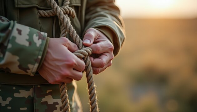 Soldier tying rope knot during training in military uniform. Close-up showing hands gripping thick rope while tying knot, emphasizing focus and precision in military activities.