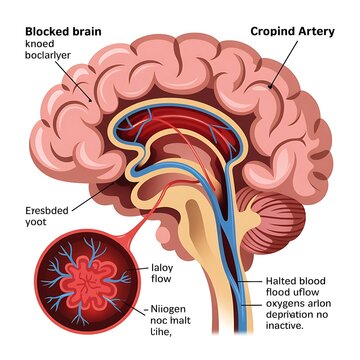 Ischemic Stroke Caused by Blood Clot Blocking Cerebral Artery and Reducing Oxygen Flow to the Brain Medical Anatomy Illustration