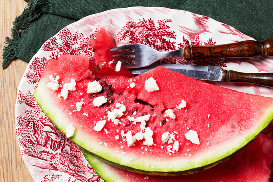 A Moldavian and Romanian appetizer made with watermelon and sheep's cheese.