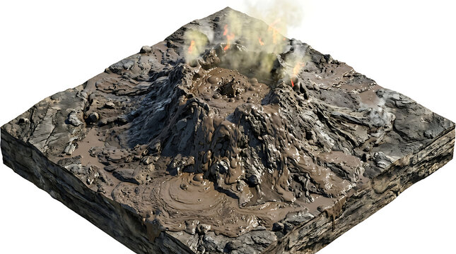 3D isometric isolated mud volcano with bubbling mud pools and gases on white