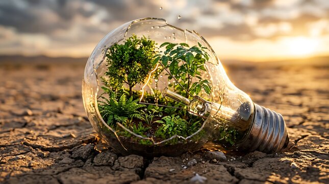 A broken lightbulb lying on cracked dry earth containing a lush green forest ecosystem inside, symbolizing environmental conservation and hope