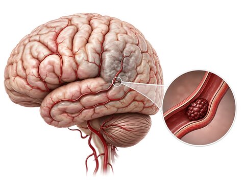 Ischemic Stroke from Blood Clot Blocking Cerebral Artery with Brain Tissue Damage, 3D Medical Illustration