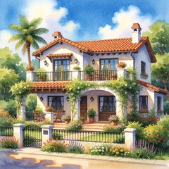 Obraz premium Beautiful two story mediterranean villa with terracotta tile roof, white walls. Rich garden features palm trees, blooming flowers, green vines. Sunny day with blue sky makes luxury home look