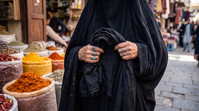 An Afghan woman in a traditional black burka holding a dark fabric and wearing ornate silver rings with gemstones, standing in a crowded spice market, representing culture, craftsmanship, and street p