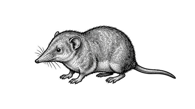 Vintage engraving of a long-nosed shrew on white background.