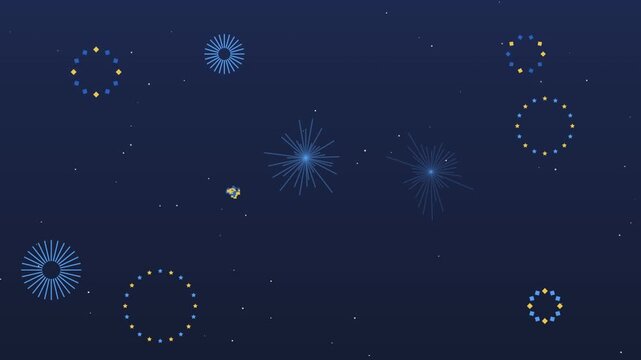 Minimalist blue and gold firework animation on dark night sky background with sparkling stars.