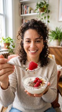 Pretty woman eating healthy yogurt bowl at home