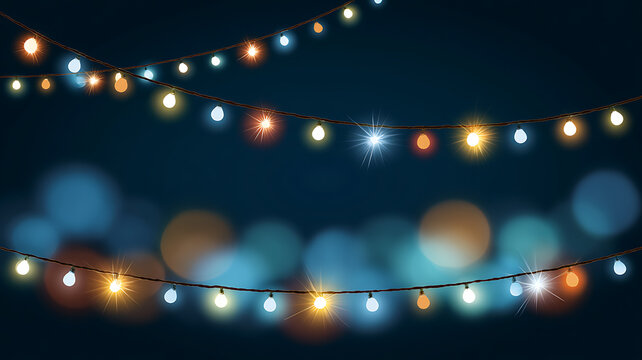 Festive string lights with glowing bulbs on a dark blue background, christmas or party decoration concept