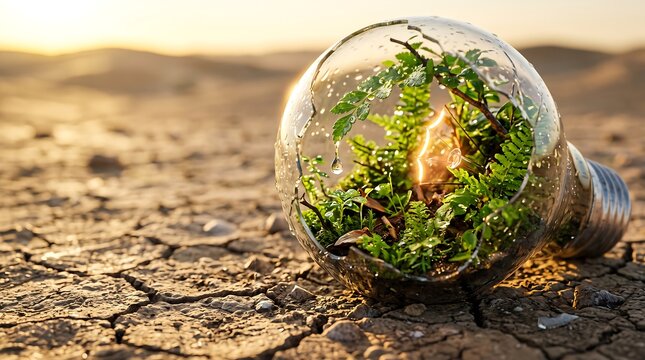 A shattered lightbulb lying on parched cracked ground containing a small green fern plant growing inside, illuminated by golden sunset light
