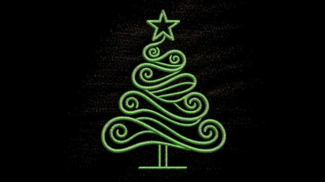 Stylized christmas tree illustration made of continuous green swirling lines with a star on top on a black background