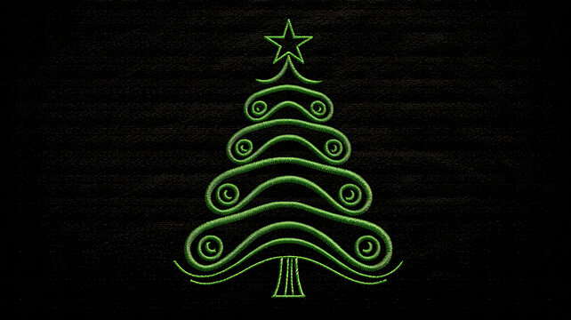 Embroidered green christmas tree with star on top, decorative holiday design on dark textured background