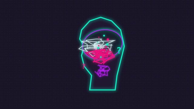 Neon head outline with chaotic scribbles and question marks representing mental health and confusion.