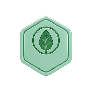 Green leaf icon inside a hexagon badge for eco and nature design isolated on transparent background