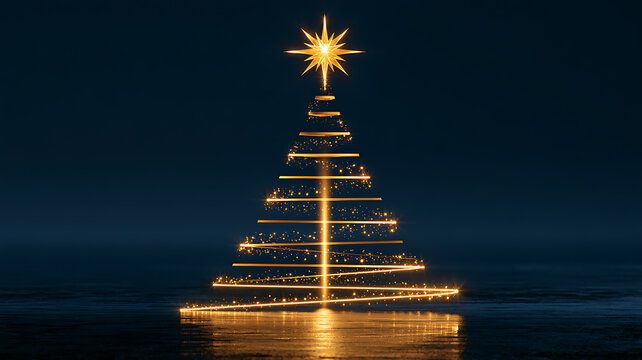 Abstract glowing christmas tree made of golden light lines and sparkles on a dark background with reflection