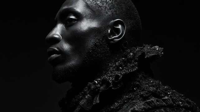 Prompt: A powerful dark Renaissance side-profile portrait of a stern duke. His jawline and neck seamlessly turn into rough, matte black carbon dust crystals that absorb all light, contrasting 