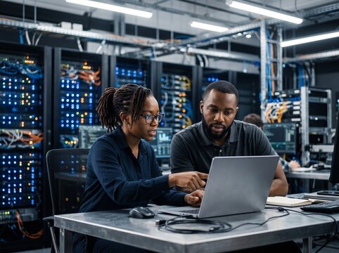 Data center system administrators review AI and LLM visualizations on a laptop while IT specialists analyze neural network outputs and maintain stable equipment operations across the server hub.