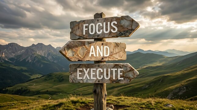 Wooden signpost with focus and execute directions in scenic mountain landscape