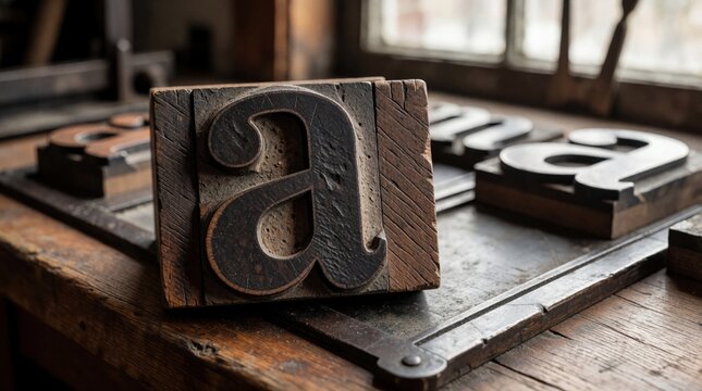 Vintage wooden letterpress block with letter Sits on dark workbench. Old metal typography tool for manual printing rests in rustic studio space. Craftsmanship equipment shows weathered wood grain
