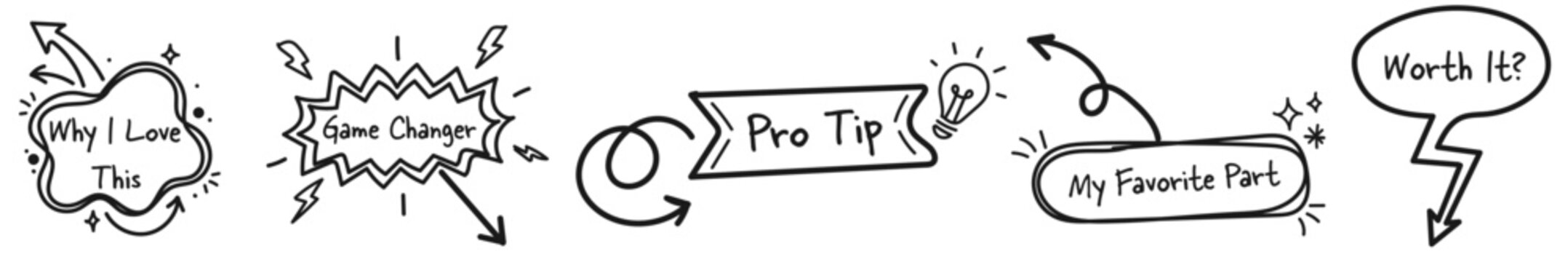 Hand-drawn social media and review essentials callout set featuring doodle speech bubbles, arrows, and text banners with different phrases on transparent background